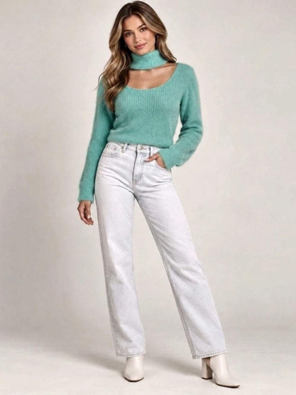 Mint Green Fuzzy Cutout Turtleneck Sweater Like New